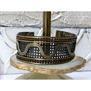 Unique Mixed metal and Amber Beaded Cuff - Artisan Mesh Wave Snake Like Design